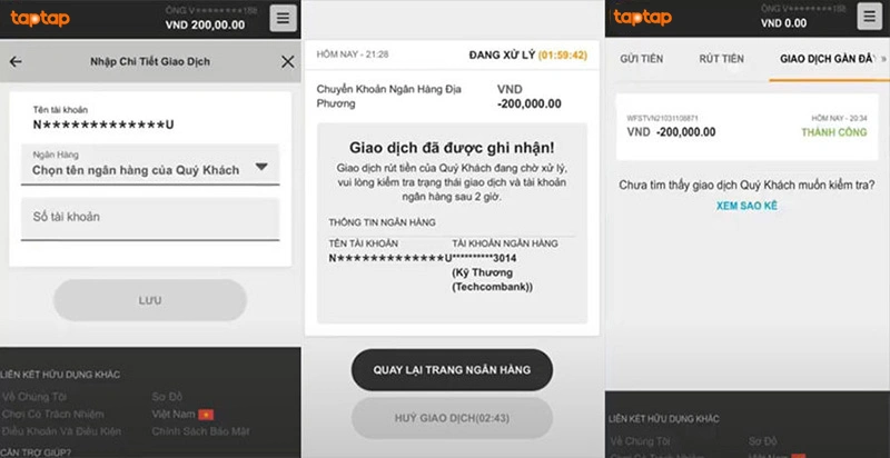 Rút tiền TapTap về tài khoản